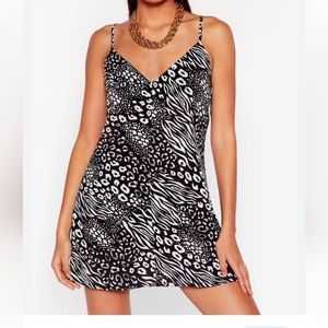 Nasty Gal Mixed Animal Print Mini Silhouette Neck Mini Dress SZ 10